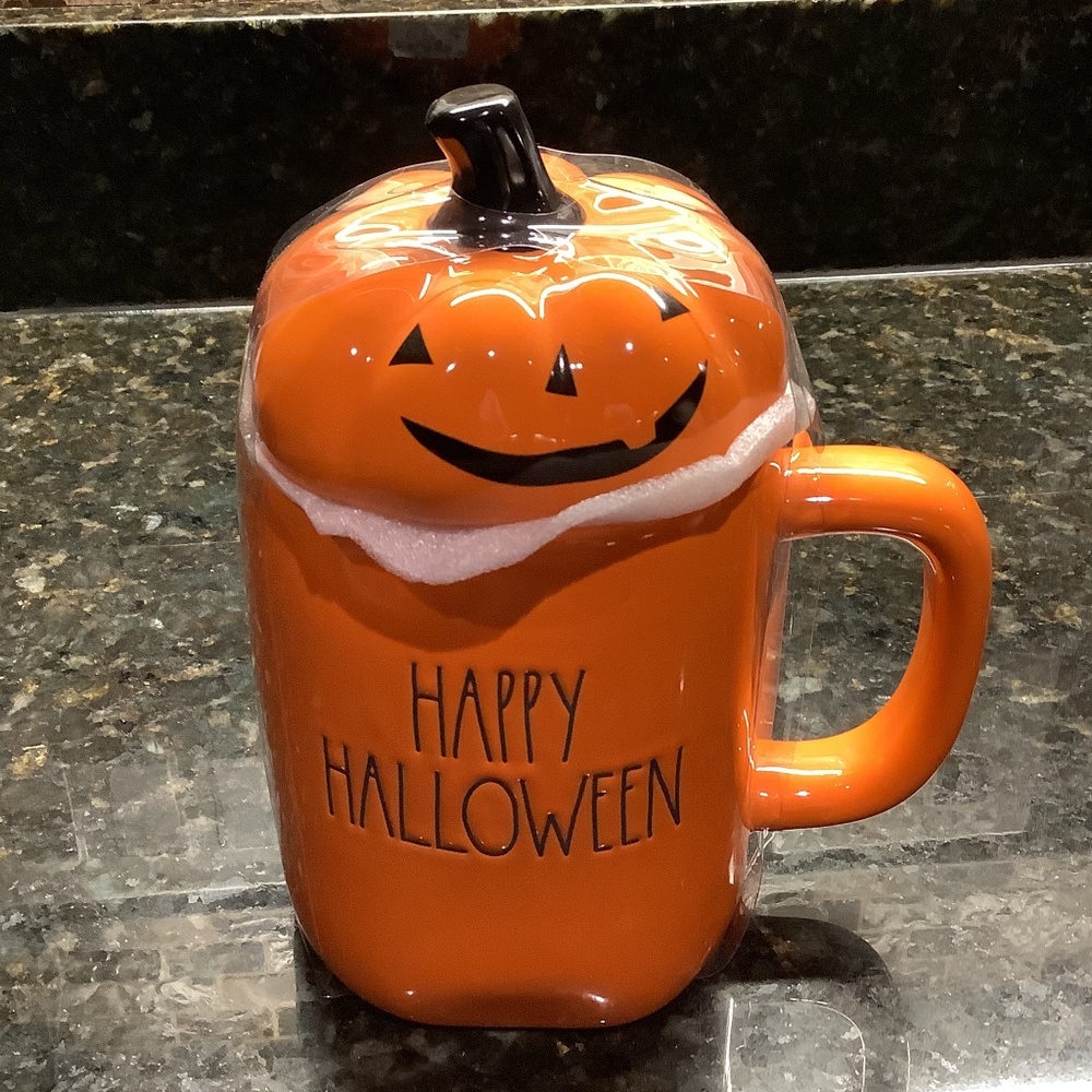 Rae Dunn happy Halloween mug with pumpkin topper
